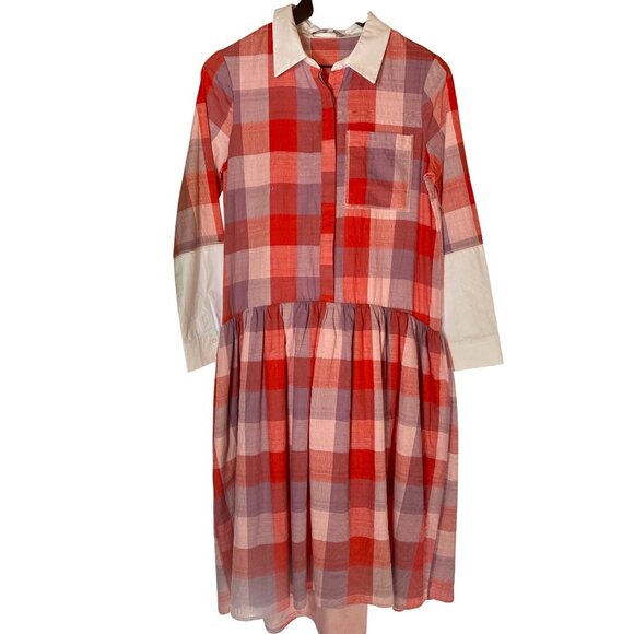 English Factory Plaid Dress Small Red/Pink Checkered Cotton/Linen - Picture 3 of 7